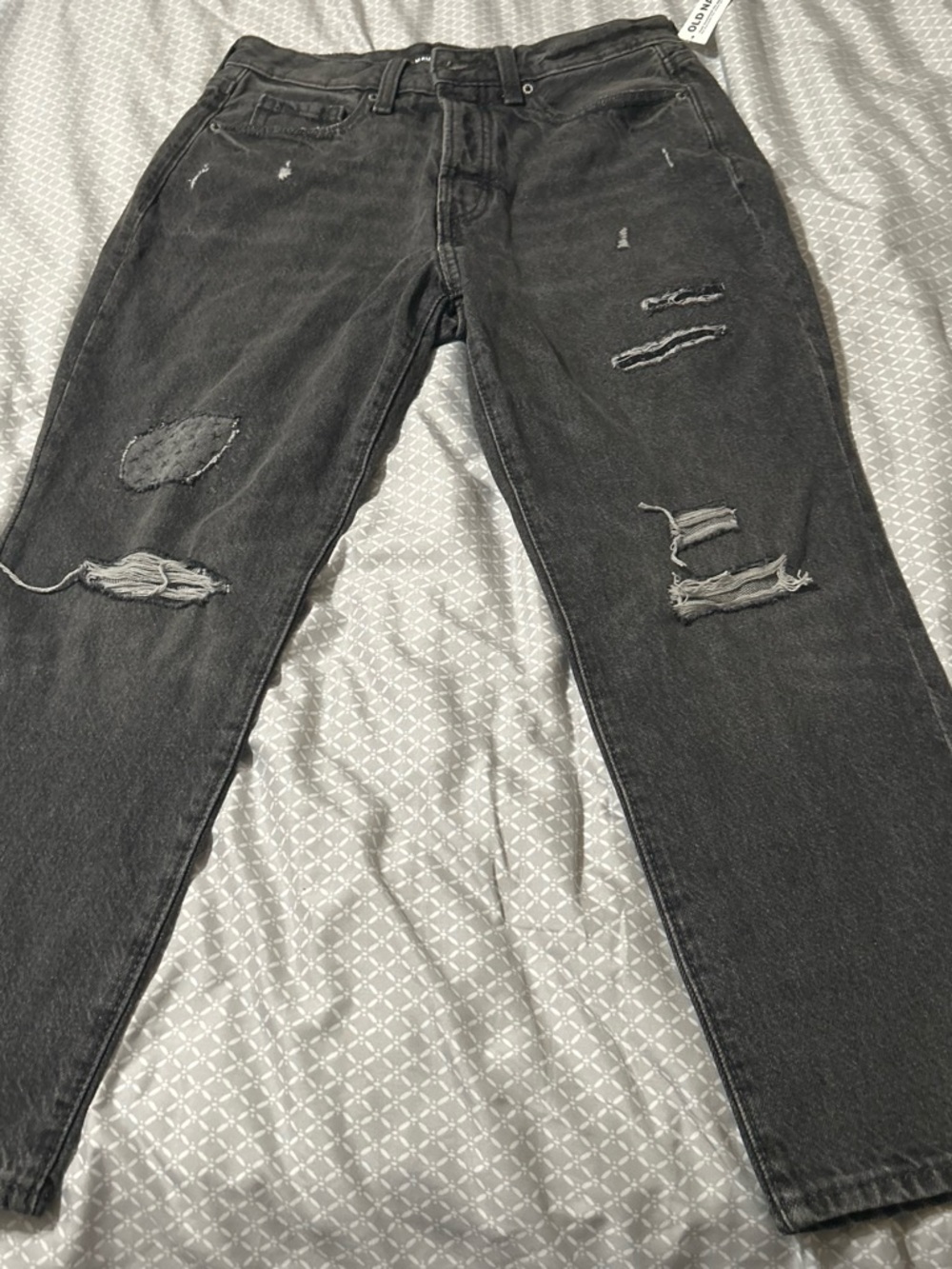 Old Navy Black Distressed Extra High-Rise O.G Straight Jeans